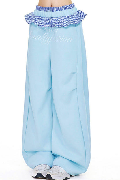 Check Ruffle Wide Leg Pants