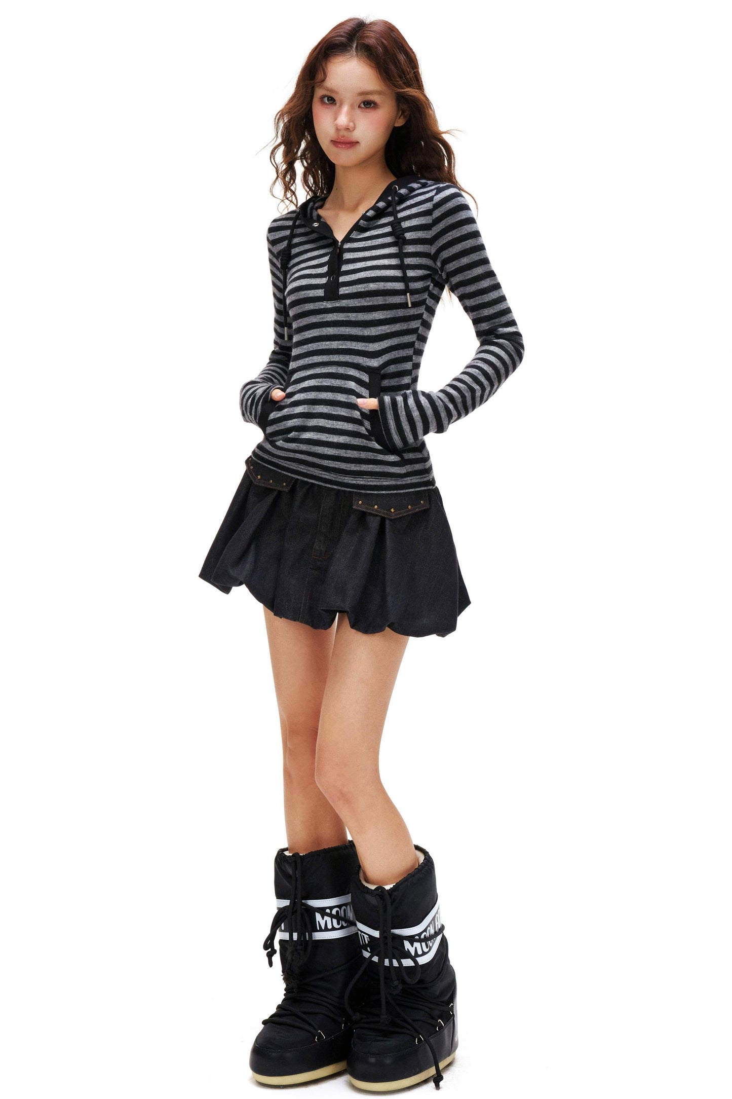 ボーダーフードスリムトップス