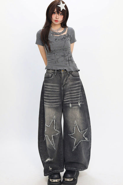 Y2K Star Patch Wide-Leg Jeans