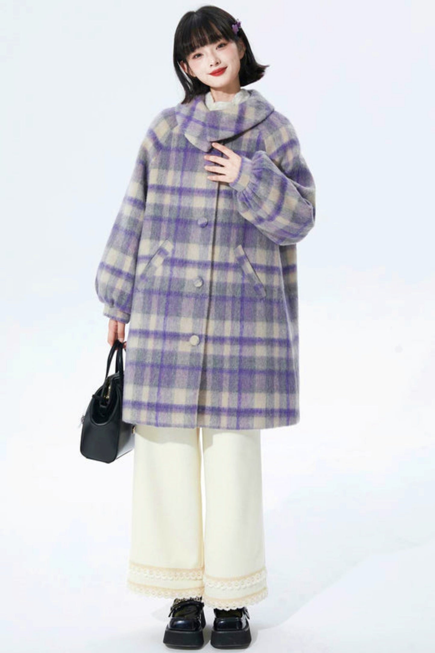 Purple Plaid Woolen Coat