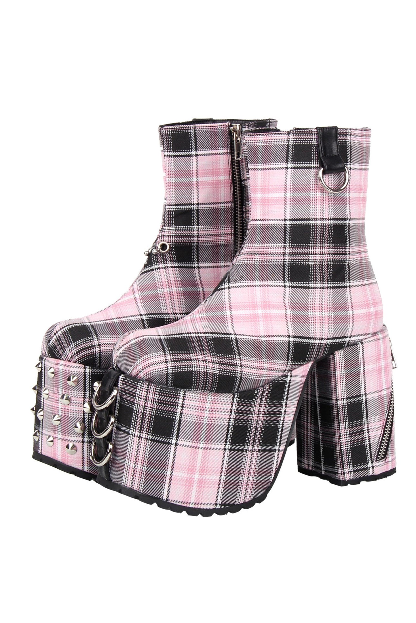 Karierte Stoffstiefel mit Blockabsatz