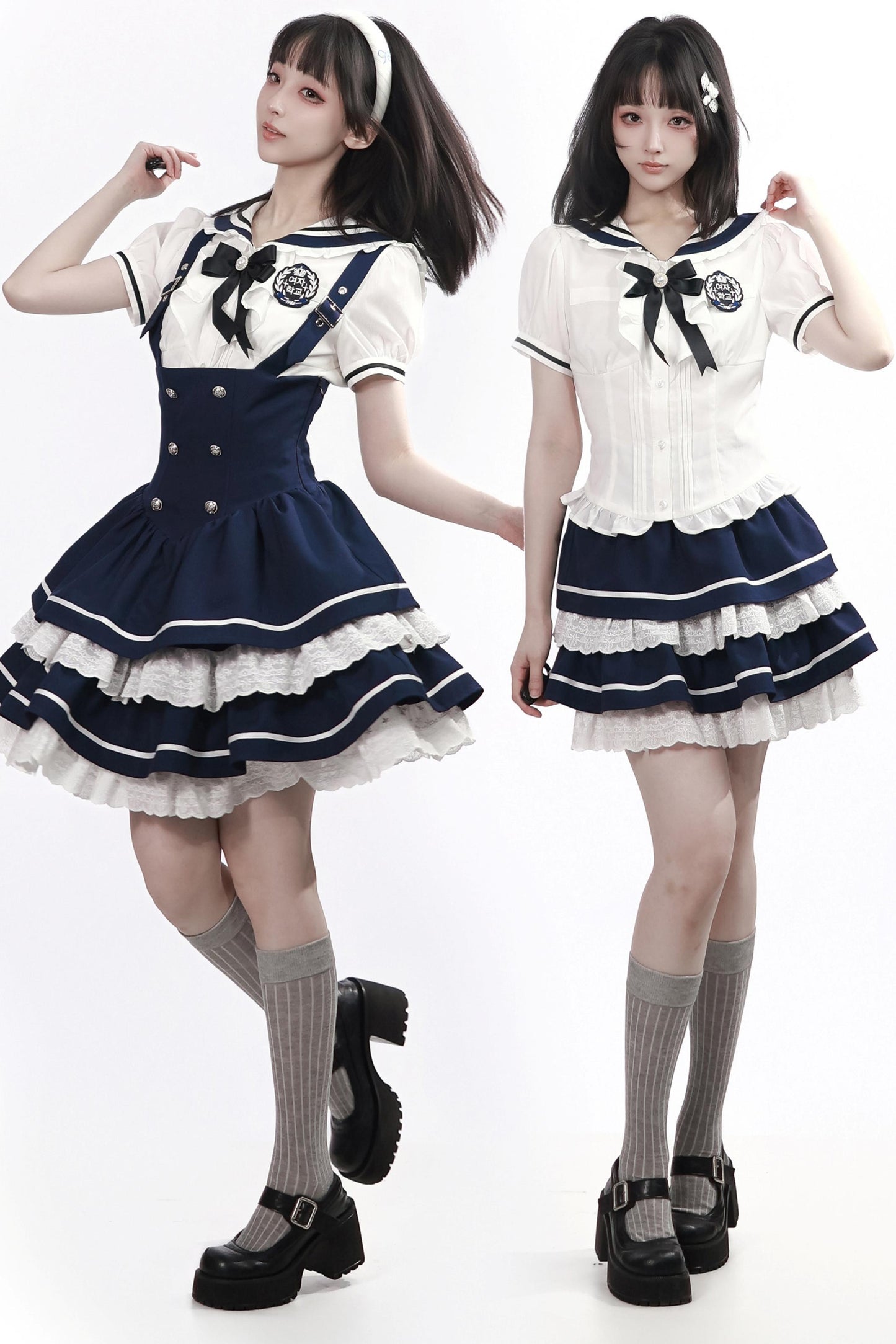 レースボウタイサスペンダードレス+スカート+シャツ