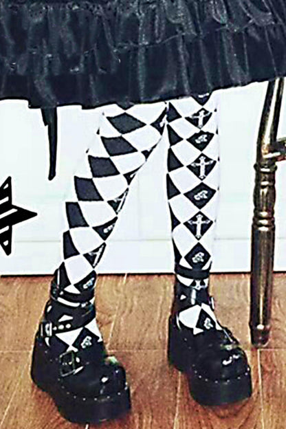 Diamond Pattern Cross Knee-High Socks