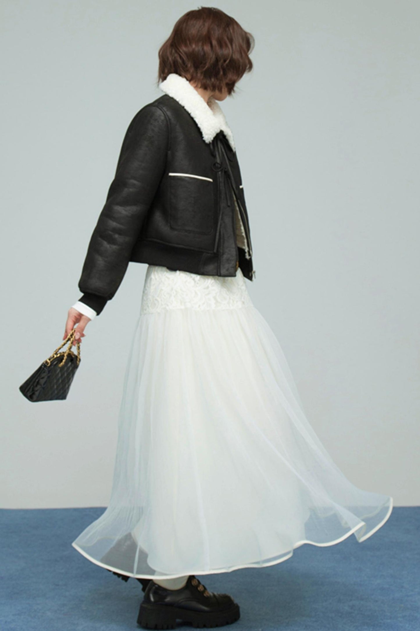 カラーブロックドシアリングコート