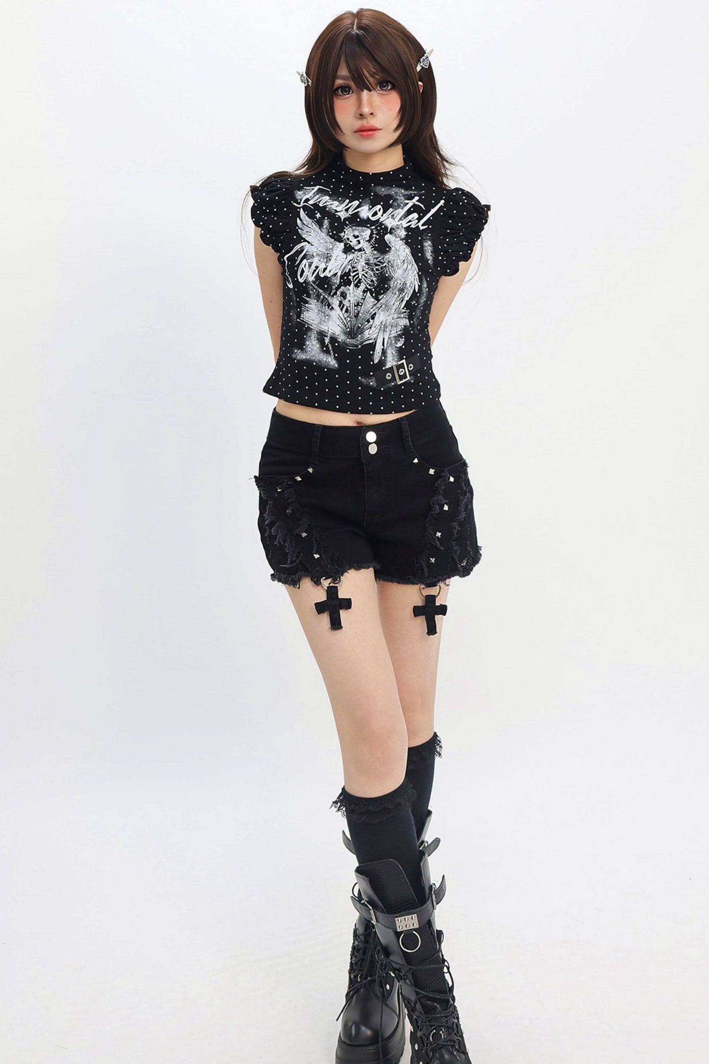 Cross Charm Distressed Shorts