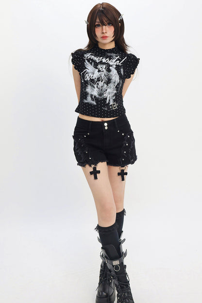 Cross Charm Distressed Shorts