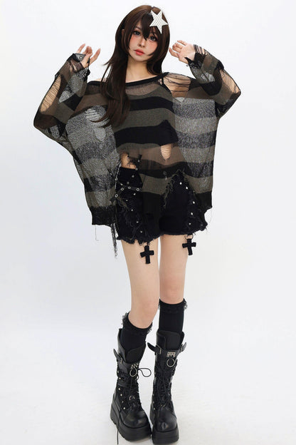 Striped Distressed Mesh Knit