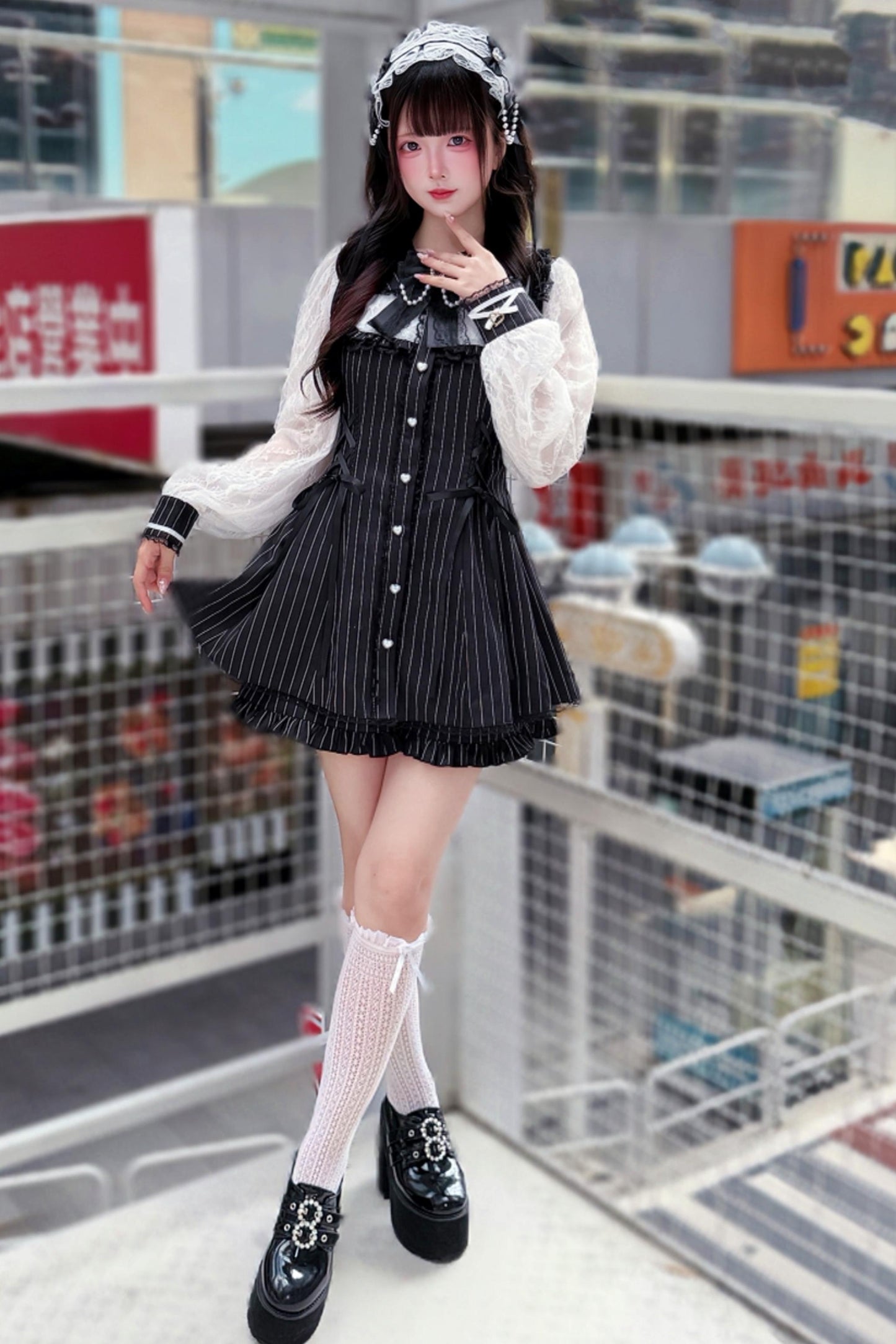 Striped Lace Dark Kawaii Dress + Shorts + Headdress