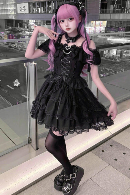 オフショルダー地雷レースドレス+ネックリング