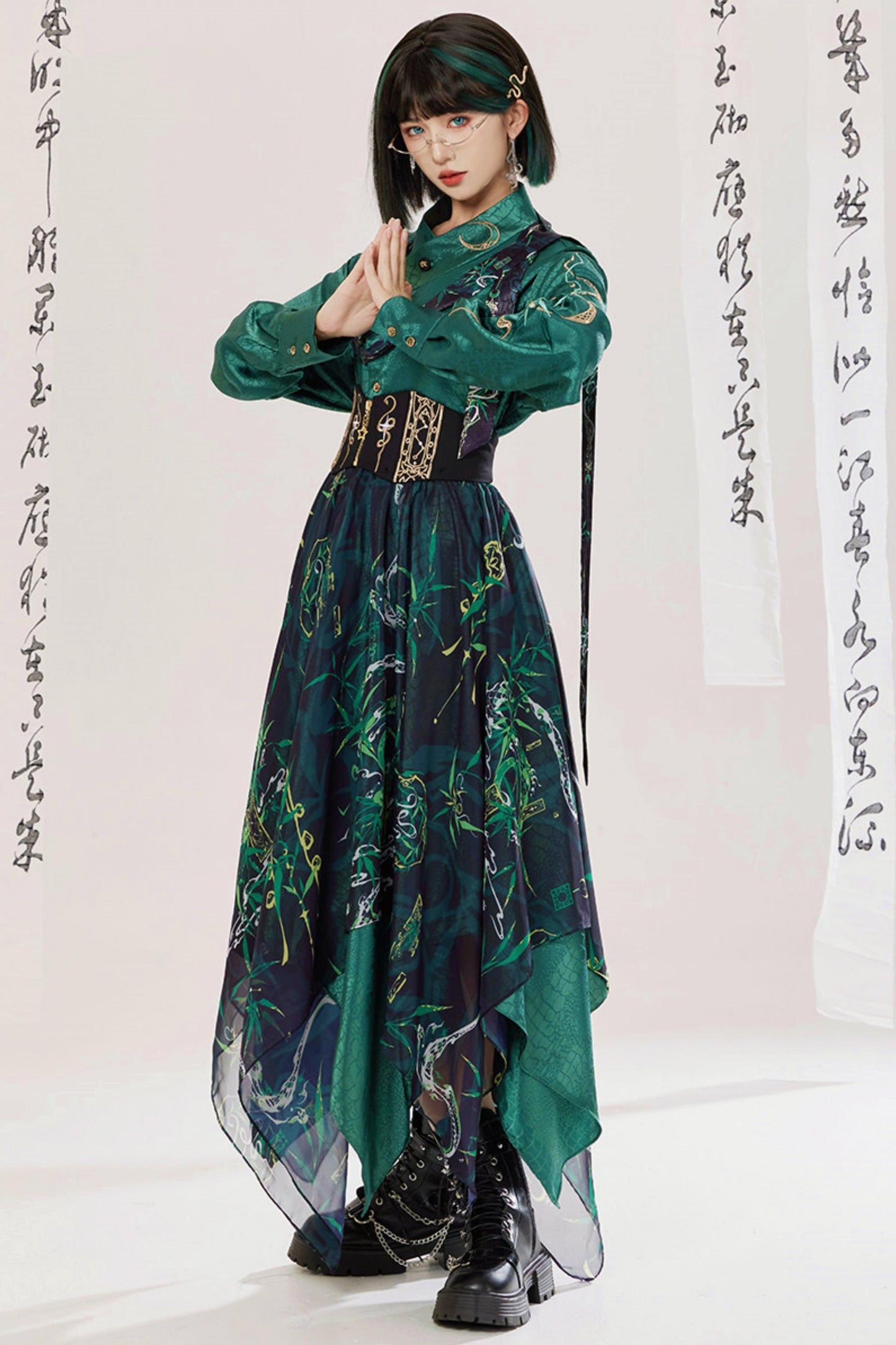 Jade Moon Dragon Embroidered Chinese Shirt + Moon Pocket Pants
