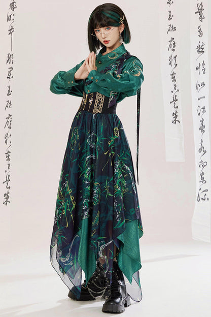 Jade Moon Dragon Embroidered Chinese Shirt + Moon Pocket Pants