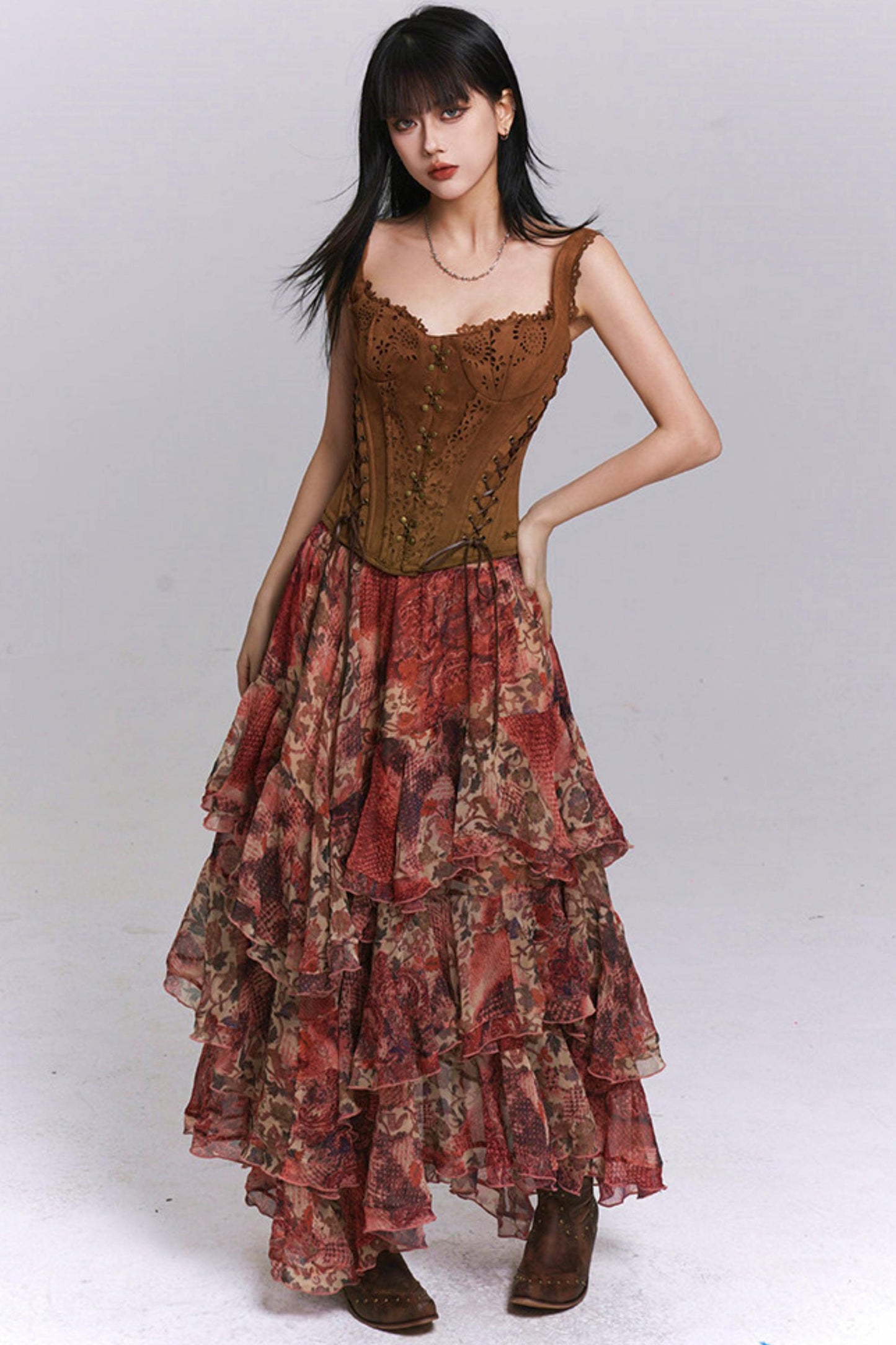 Red Floral Tiered Skirt