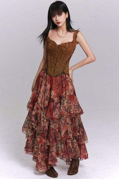 Red Floral Tiered Skirt