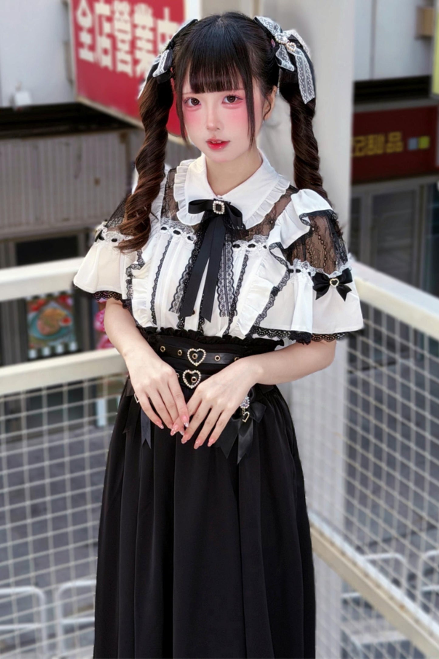 Elegant Lace Dark Kawaii Blouse + Heart Ring Long Skirt