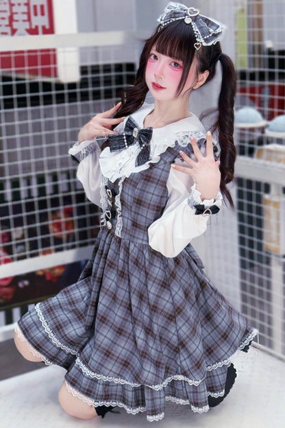 Robe Sweet Girly Grise à Carreaux et Ruban