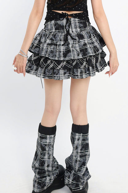Jirai Kei Plaid Tiered Skirt with Leg Warmers