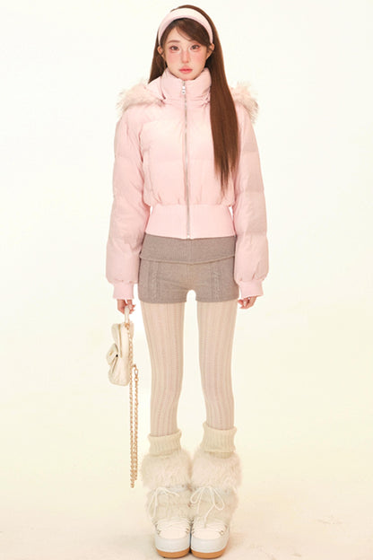 スノーベルベットフェザーフーデッドダウンジャケット