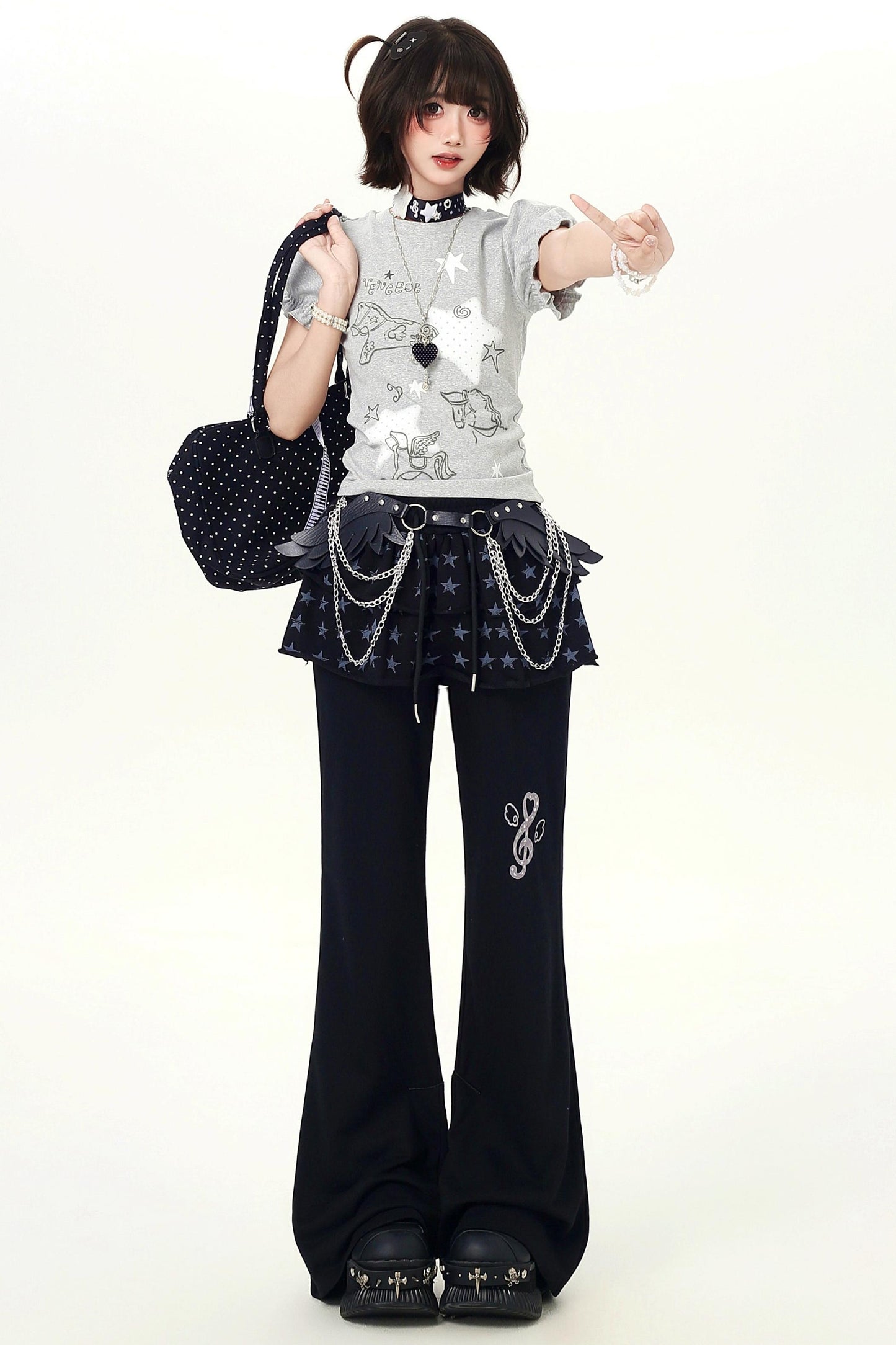 Pantalon superposé à volants et imprimé étoiles, gris/noir