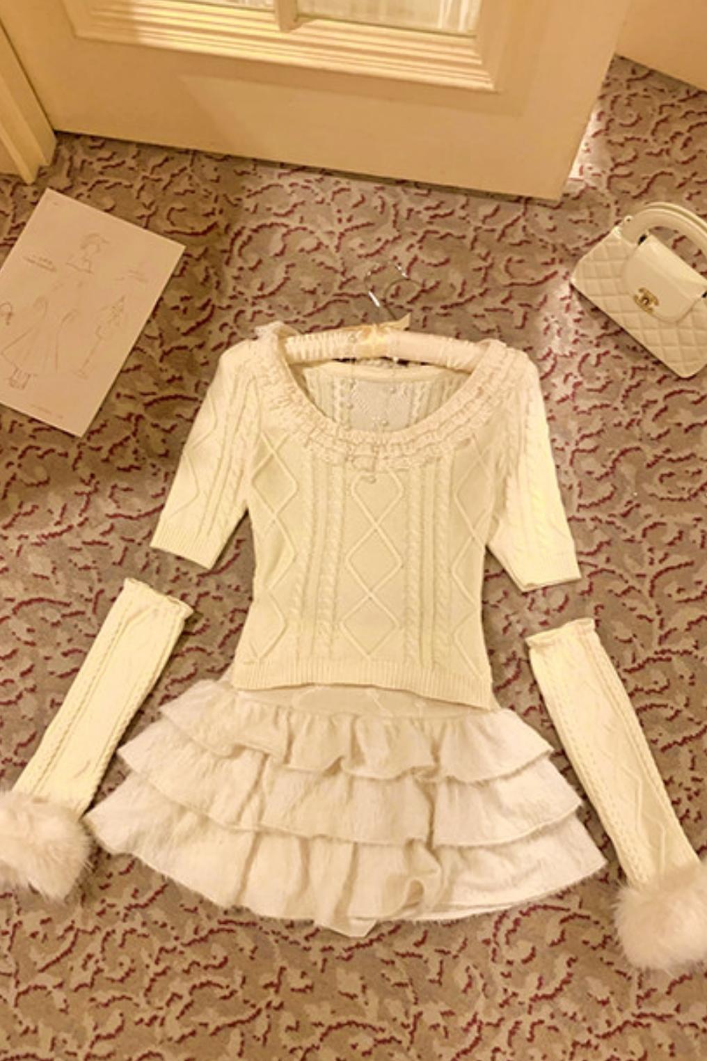 Soft twisted knit sweater + tutu skirt + sleeve knit