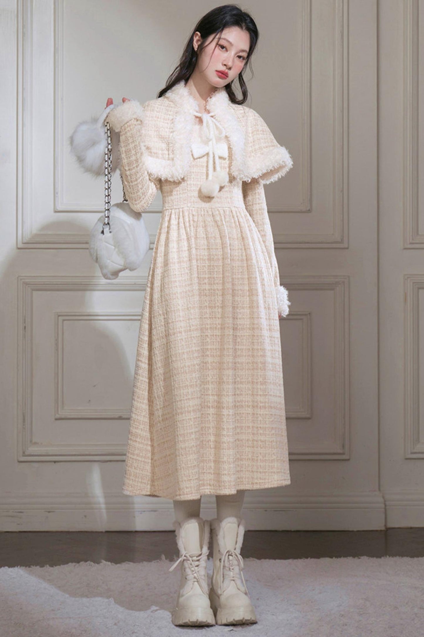 Vanilla Velvet Cape Dress