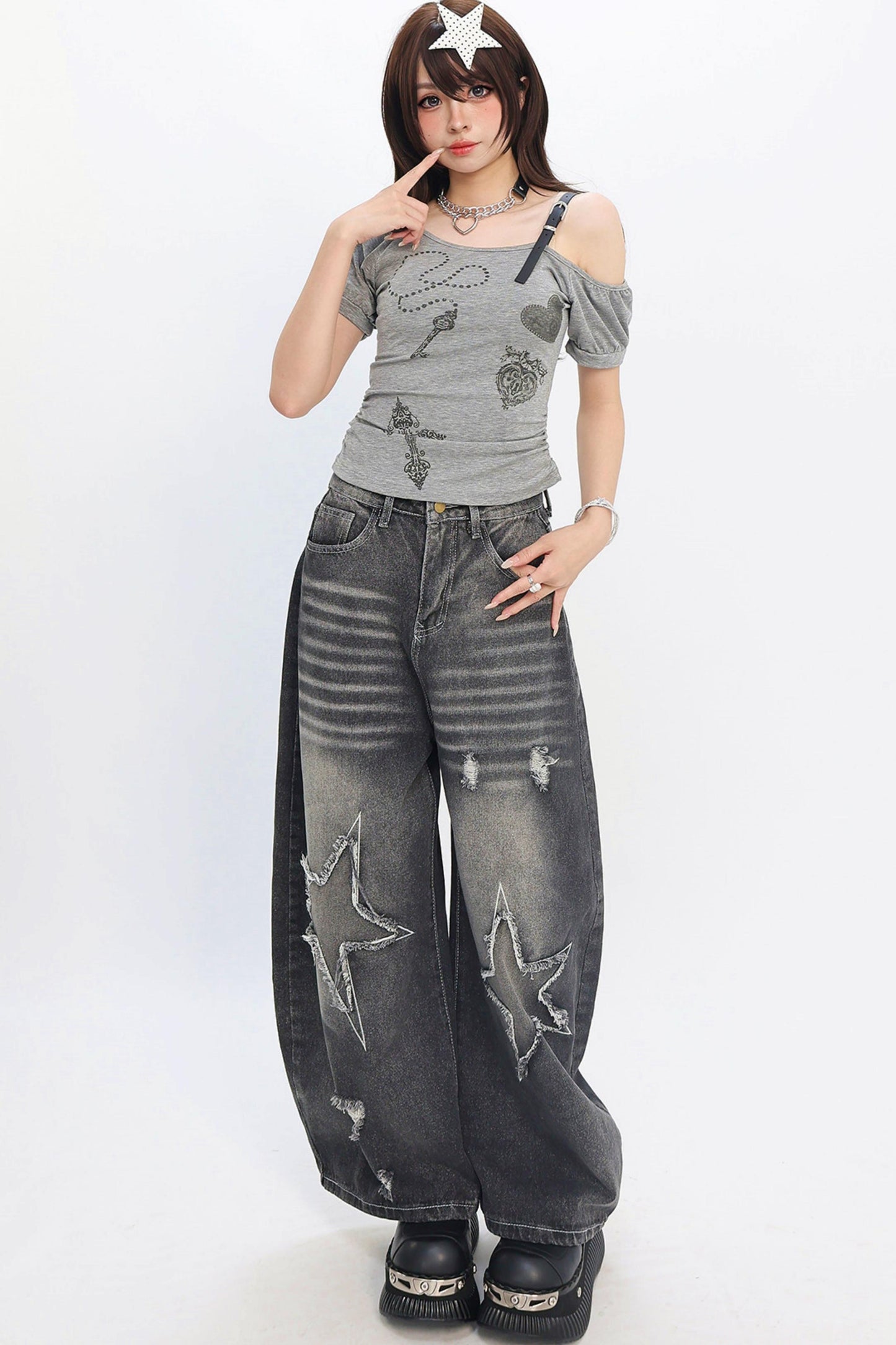 Y2K Star Patch Wide-Leg Jeans