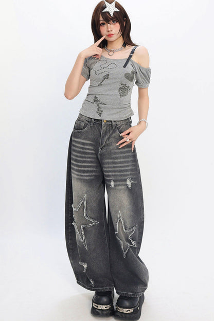 Y2K Star Patch Wide-Leg Jeans