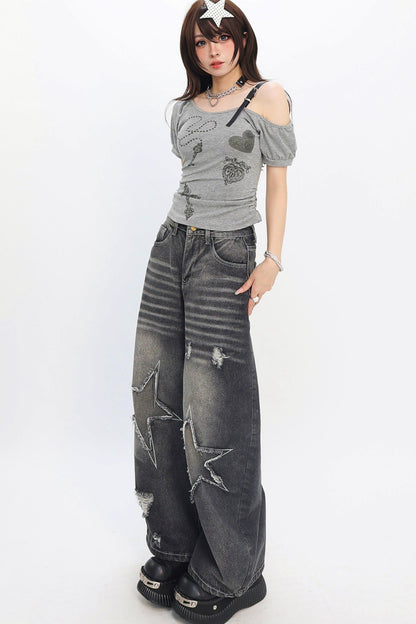 Y2K Star Patch Wide-Leg Jeans