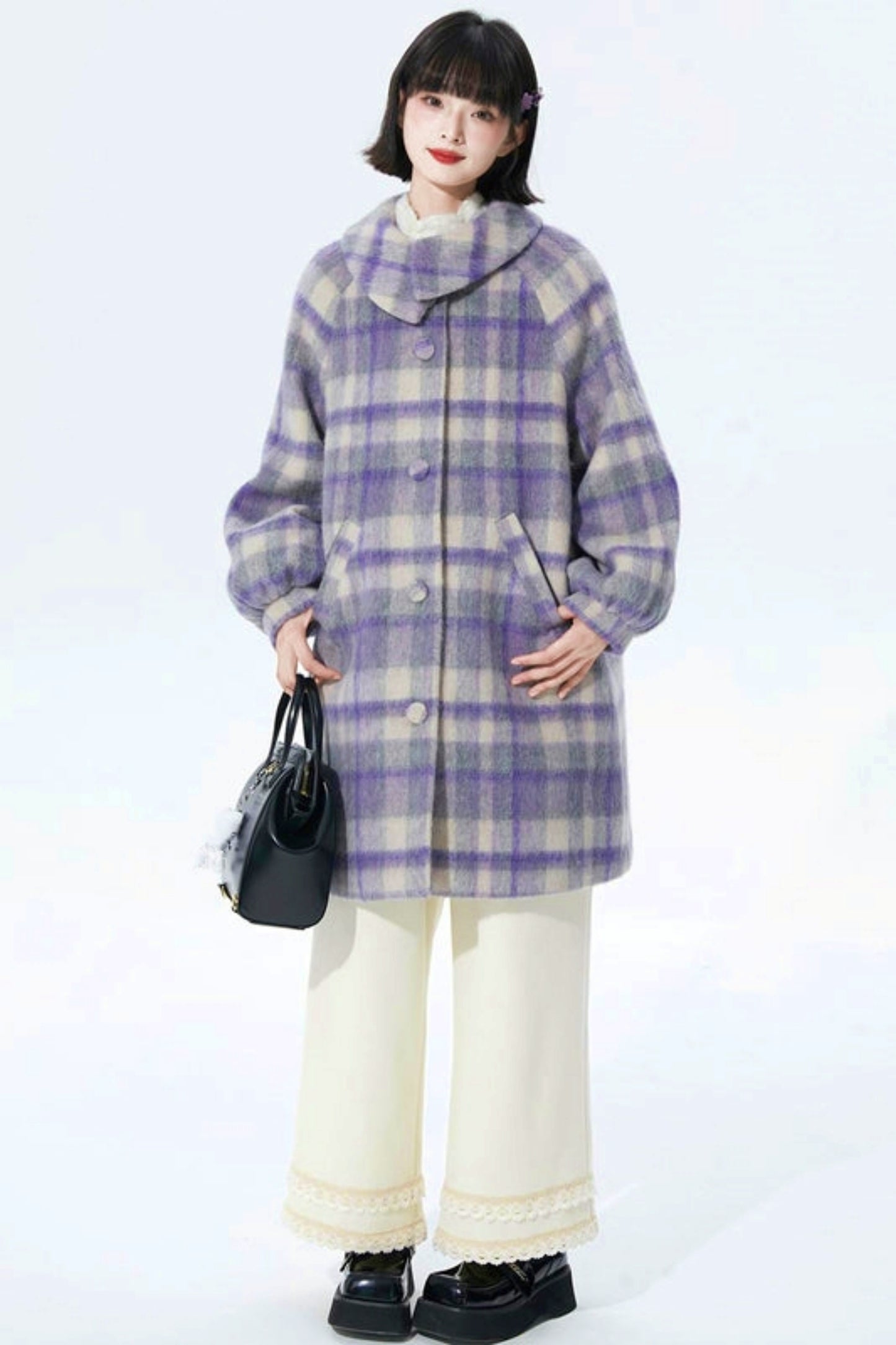 Purple Plaid Woolen Coat