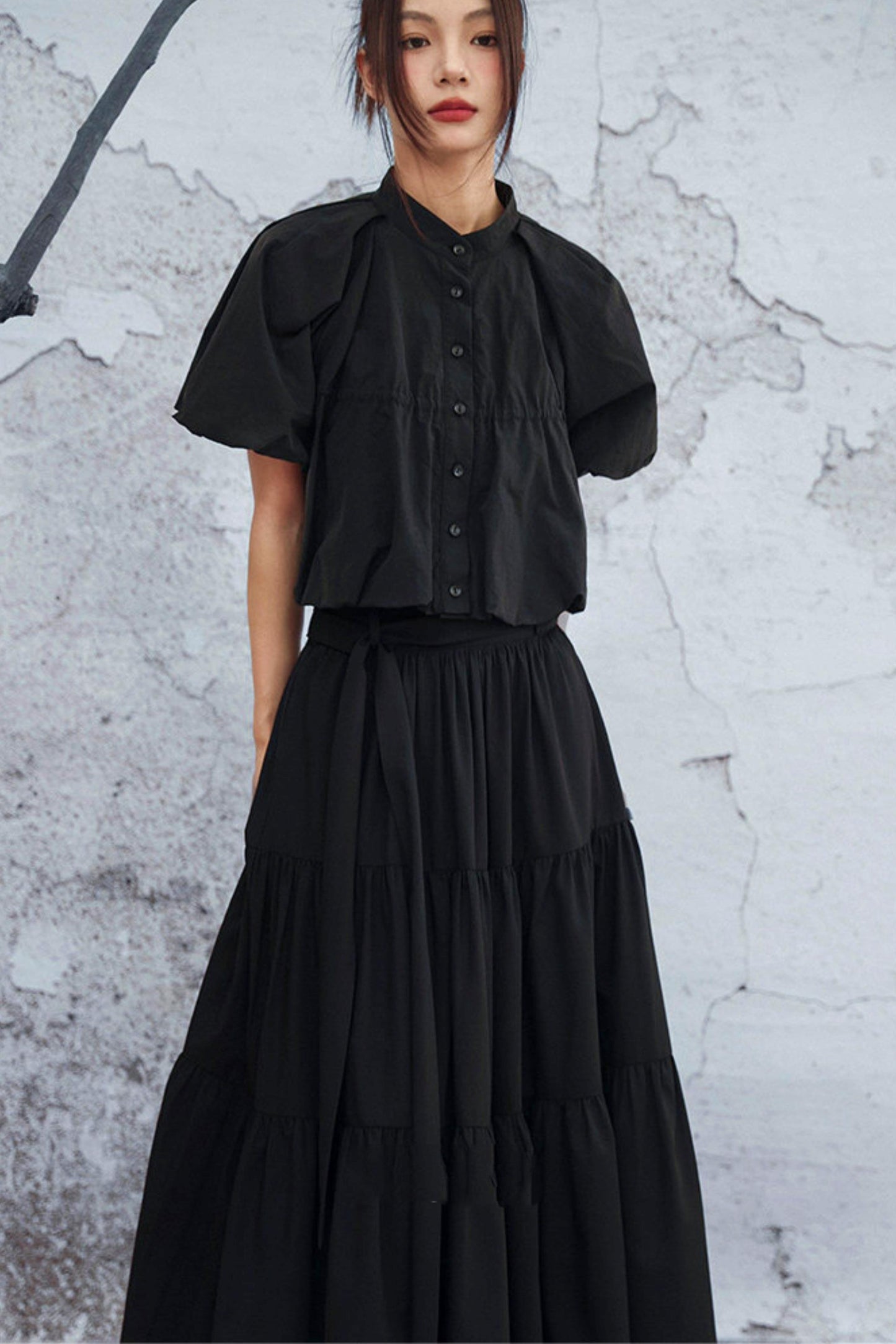 ブラックパフスリーブスタンドカラーバドシャツ