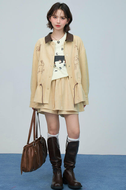 ウィートベージュエンブロイダージャケットセットアップ