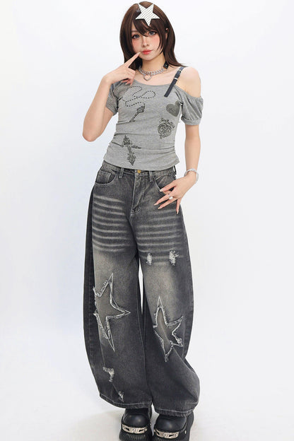 Heart Chain Off-Shoulder T-Shirt