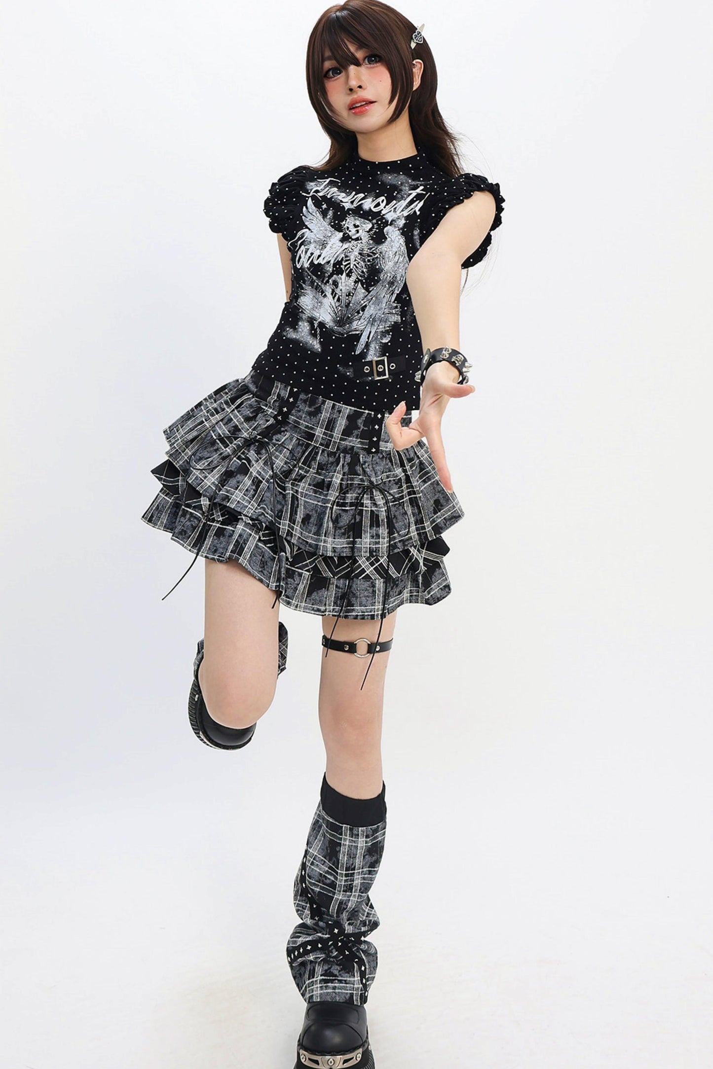 Jirai Kei Plaid Tiered Skirt with Leg Warmers