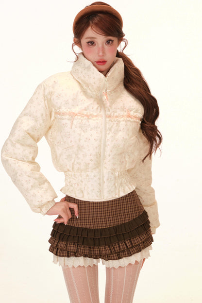 Sweet Lace Floral Down Jacket + Skirt