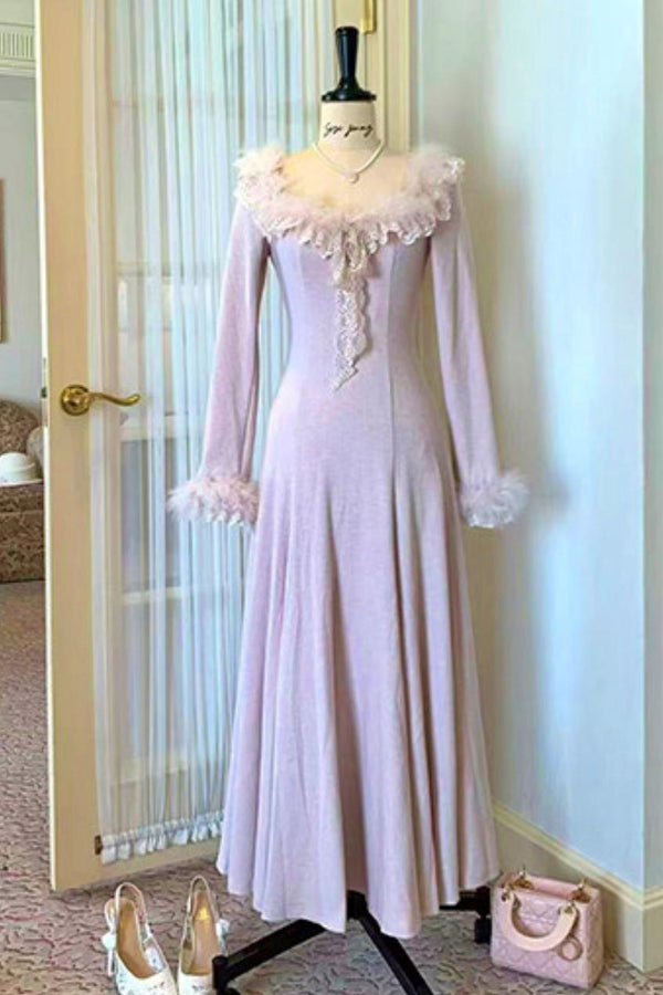 Lace Trimmed Feather Knit Dress