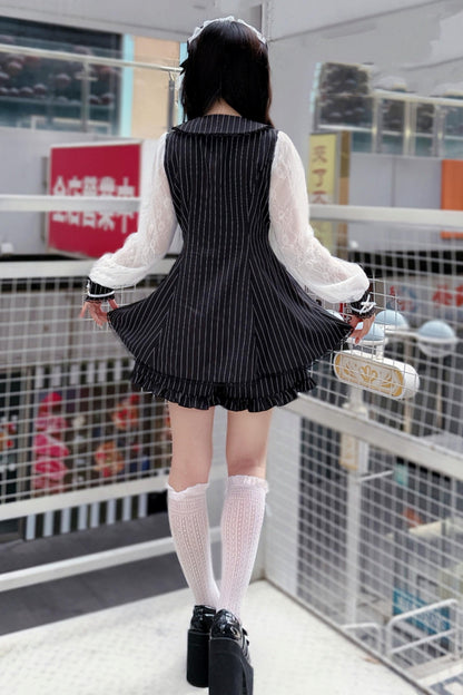 Striped Lace Dark Kawaii Dress + Shorts + Headdress