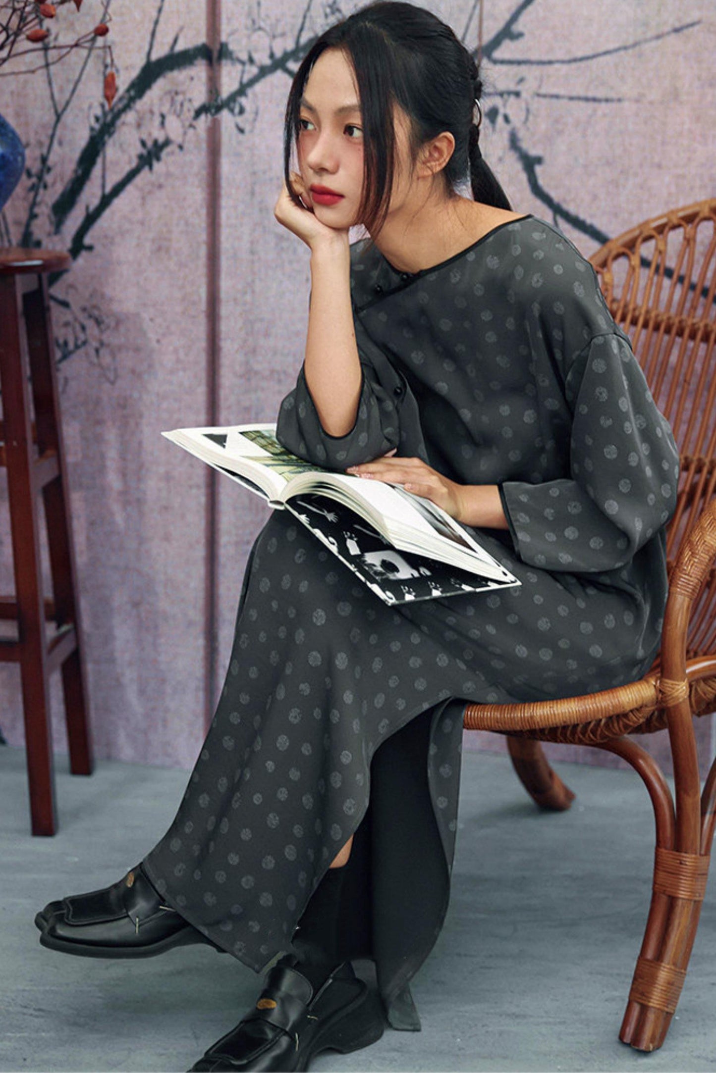 Dot Print Chinese Slit Long Dress