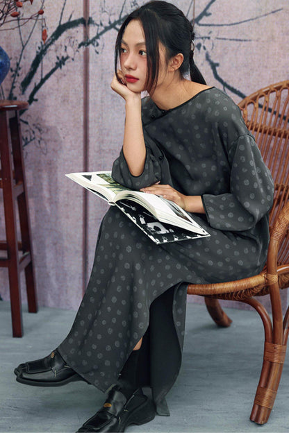 Dot Print Chinese Slit Long Dress
