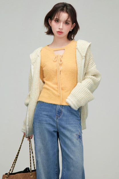 プチハニーリボンカラーニットトップス
