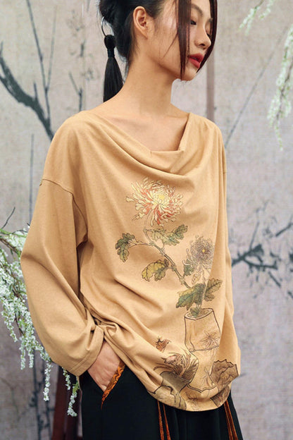 Floral Art Print Drape Neck Top