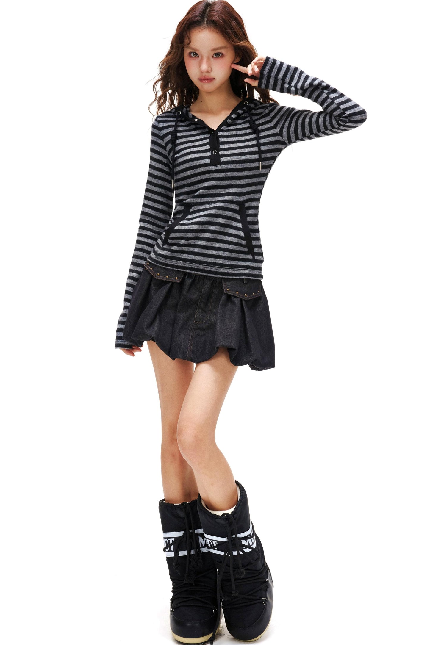 ボーダーフードスリムトップス