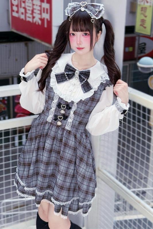 Robe Sweet Girly Grise à Carreaux et Ruban