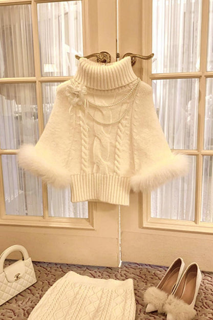 Fox Fur Trim Cape Sweater + Twisted Knit Bodycon Skirt