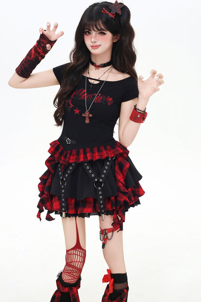 チェックリボンスリムTシャツセットアップ