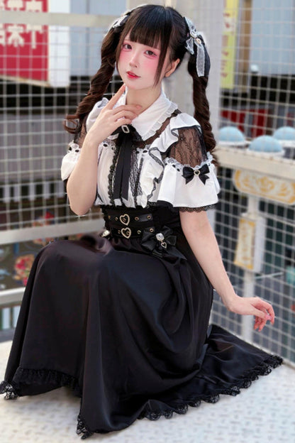 Elegant Lace Dark Kawaii Blouse + Heart Ring Long Skirt