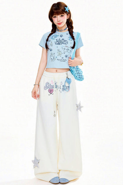 Star Decorated Wide Loose Pants