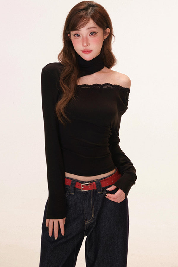カットデザインワンショルダースリムトップス