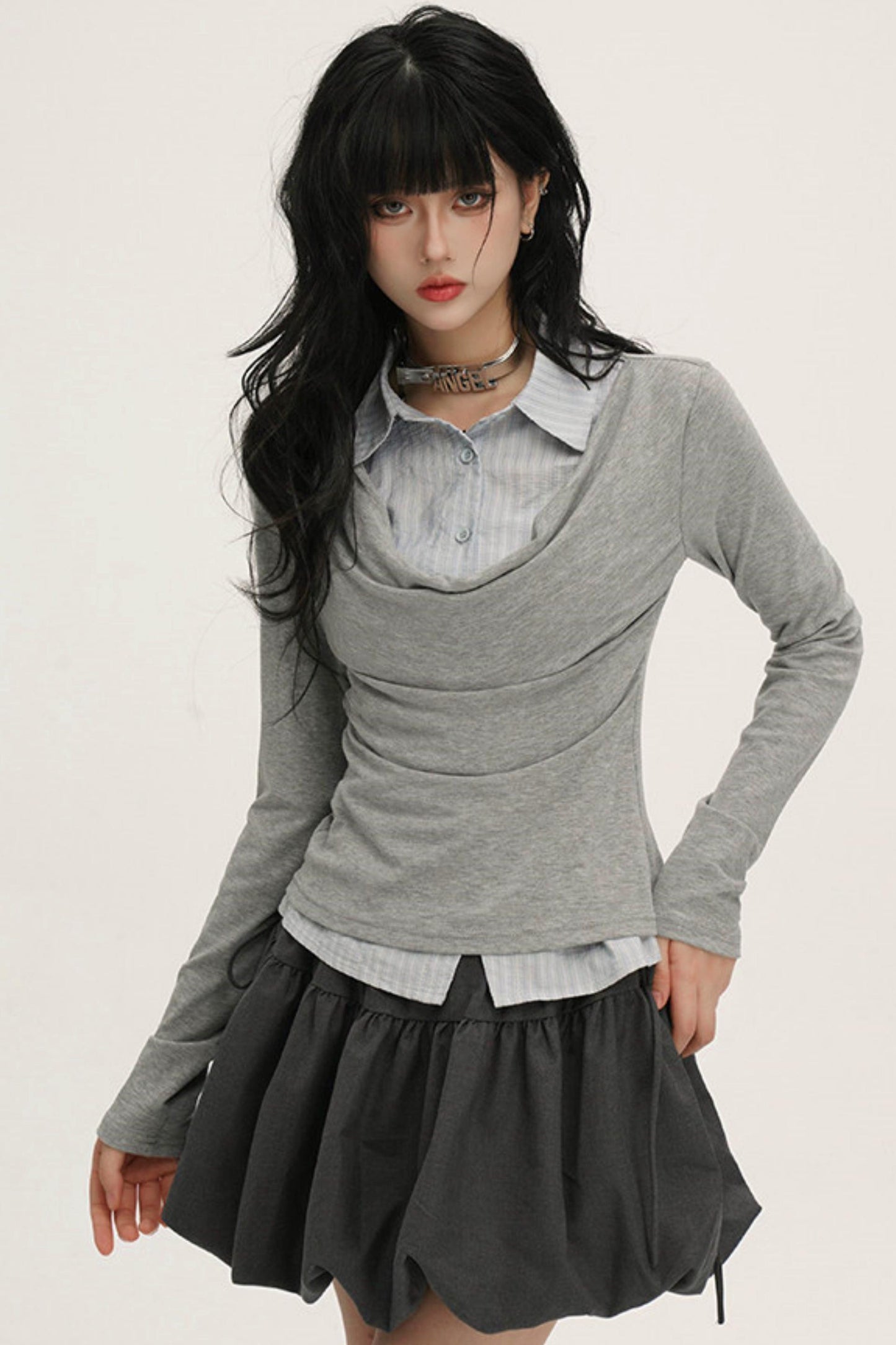 ドレープカウルネックレイヤードシャツ