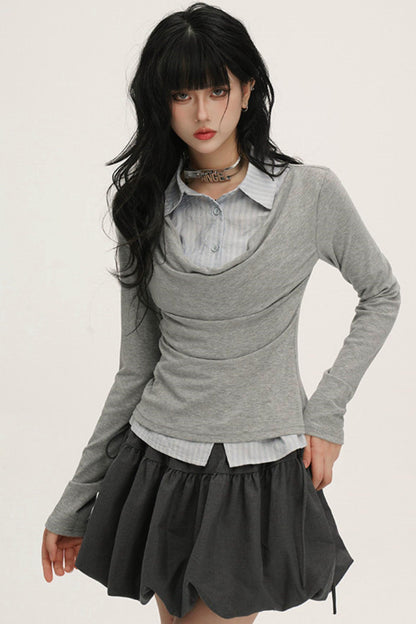 ドレープカウルネックレイヤードシャツ