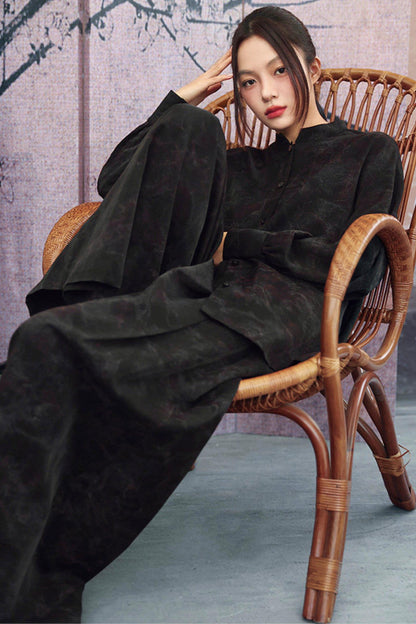 Camicia con colletto alla coreana sfumata nero scuro + pantaloni