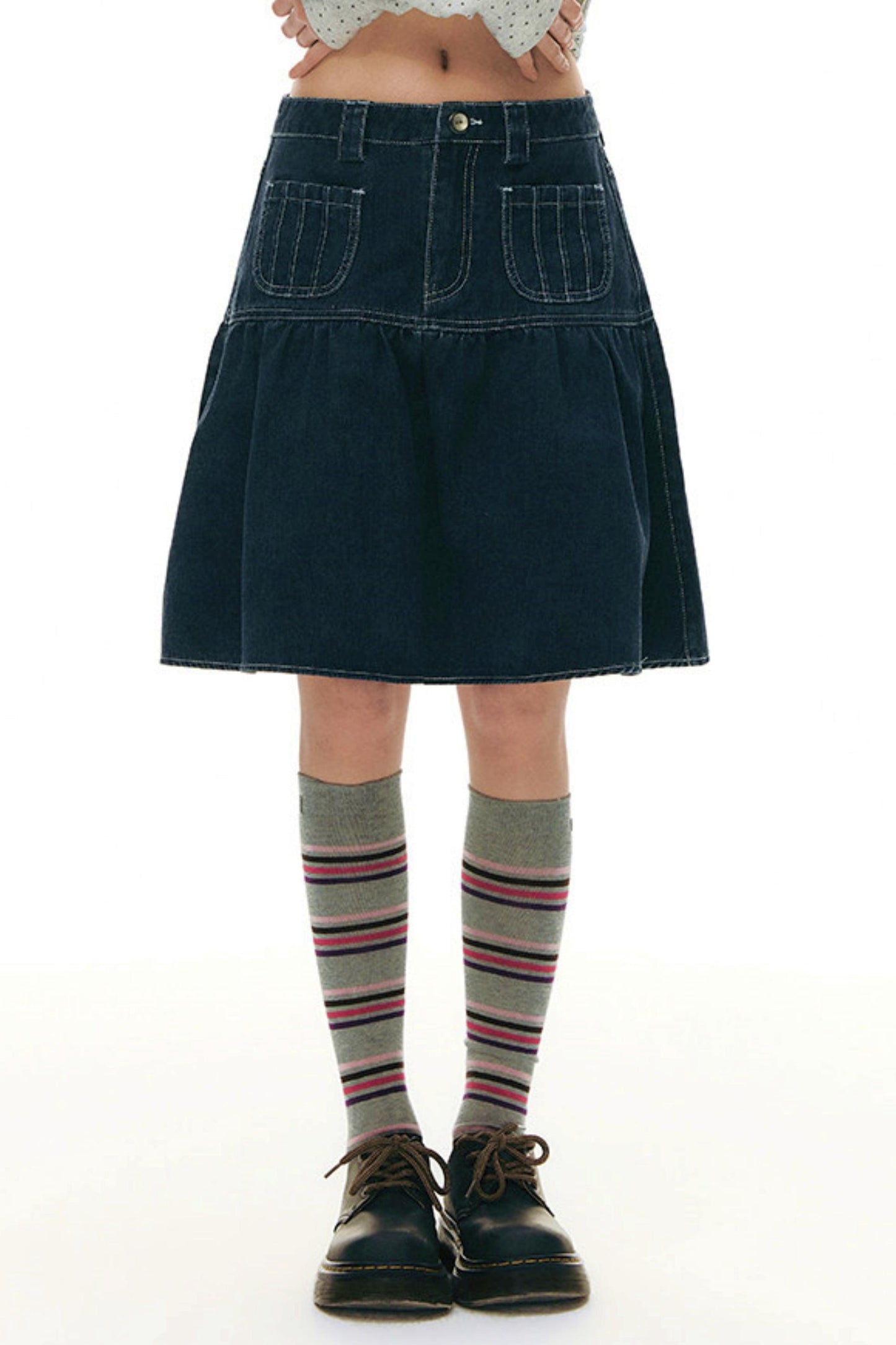 Pleated Denim A-Line Skirt